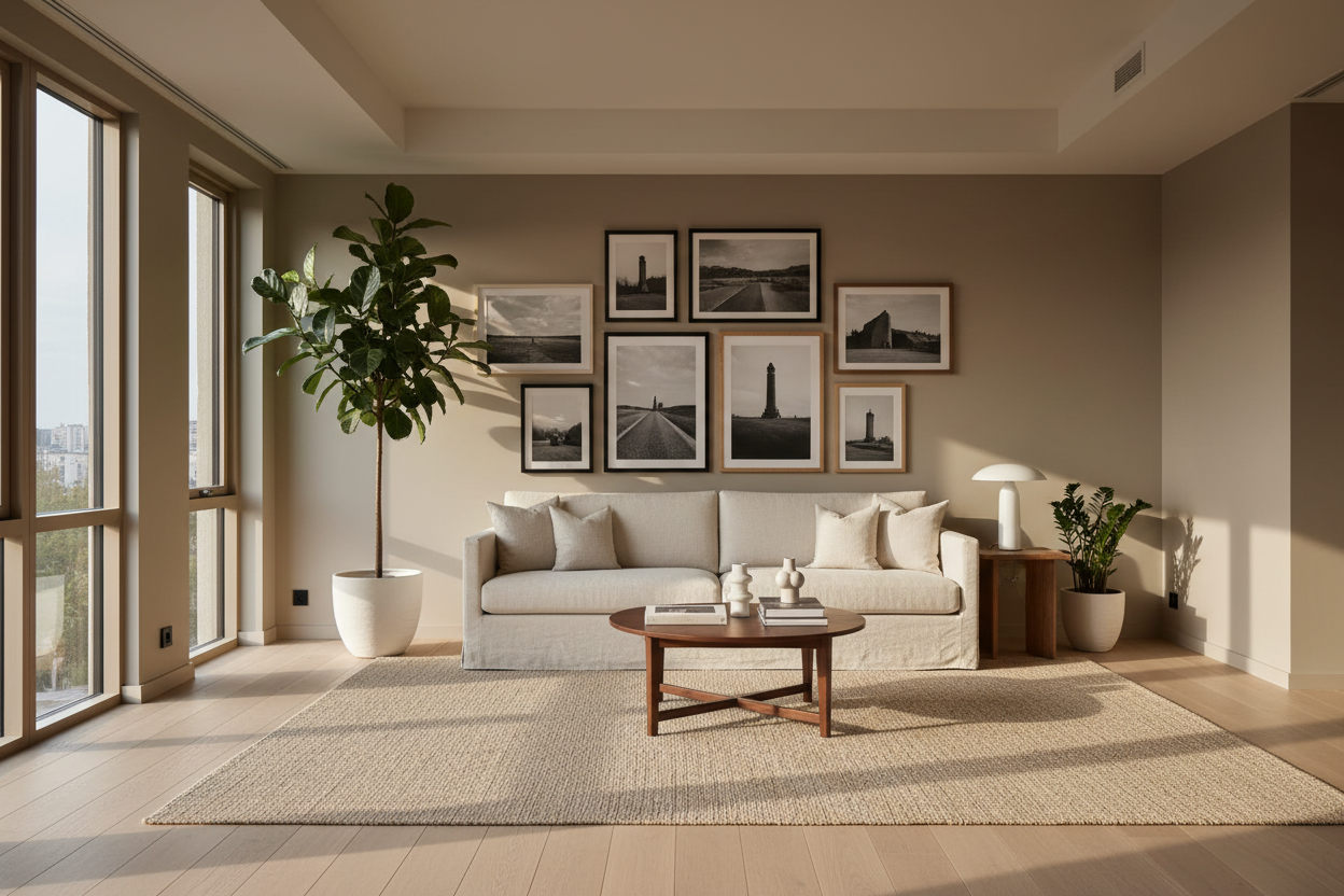 A collection of picture frames on a wall in a room, like a gallery wall